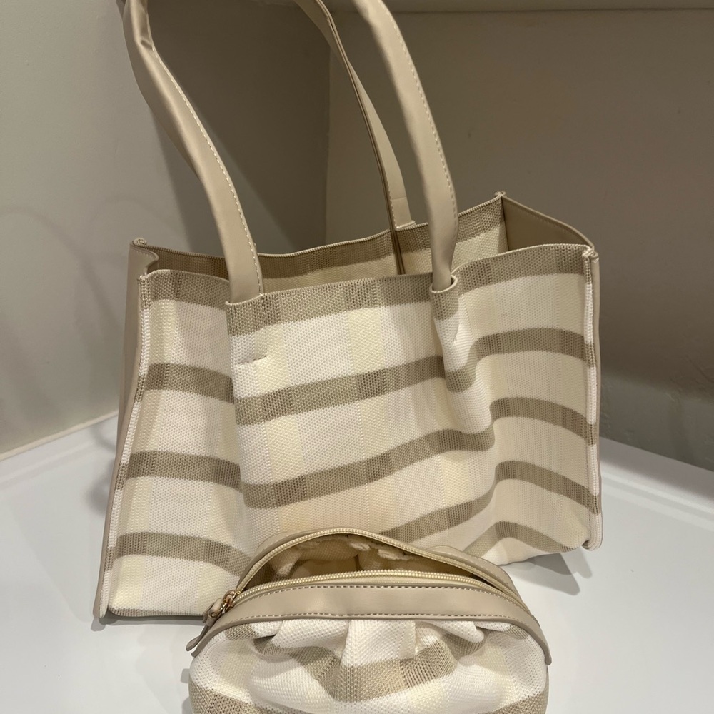 Striped Beige Canvas Tote with Matching Pouch - Neutral Everyday Carry